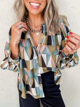 Women's Geometric Print Button Up Long Sleeve Blouse Loose Fit Shirt